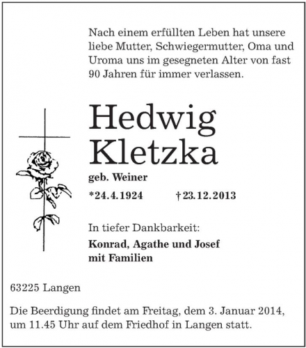 Hedwig Kletzka geb.Weiner